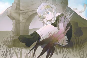 1girl anli_(jwcpp4sum0mgk5r) bang_dream! bang_dream!_it&#039;s_mygo!!!!! black_boots black_shirt blue_eyes boots chinese_commentary closed_mouth commentary_request grass heterochromia highres kaname_raana laurel_crown layered_sleeves long_sleeves medium_hair ruins shirt short_over_long_sleeves short_sleeves sitting solo white_hair white_shirt yellow_eyes