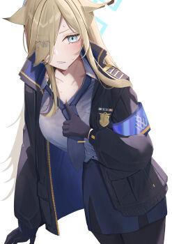 1girl absurdres animal_ear_fluff animal_ears black_gloves black_pantyhose blonde_hair blue_archive blue_eyes blue_halo blue_necktie blue_shirt blue_skirt blush breasts cleavage clenched_teeth collared_shirt commentary dog_ears dog_girl eyes_visible_through_hair gloves hair_over_one_eye halo highres kanna_(blue_archive) large_breasts leonardo_566 long_hair looking_at_viewer necktie pantyhose sharp_teeth shirt skirt solo sweatdrop teeth
