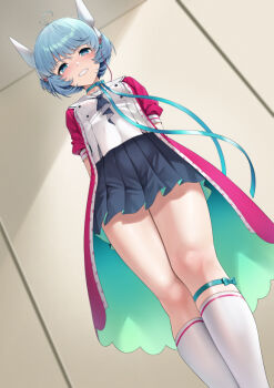 Rule 34 | 1girl, aqua ribbon, blue eyes, blue hair, bow, bow choker, choker, chunithm, coat, commentary request, commission, from below, grin, henria, kneehighs, knees, pink coat, ribbon, ribbon choker, short hair, short sleeves, skeb commission, smile, socks, solo, soramachi meme, standing, thighs, white socks