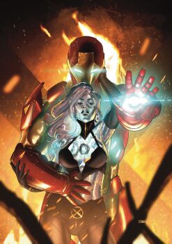 Rule 34 | 1boy, 1girl, arc reactor, armor, black background, black bra, black gloves, black pants, blue eyes, blurry, bra, breasts, comic cover, commentary, copyright logo, couple, cover, cover page, cowboy shot, cracked skin, depth of field, diamond skin, earrings, elbow gloves, embers, emma frost, english commentary, fire, gloves, glowing, glowing eyes, gold earrings, hand on another's cheek, hand on another's face, hand on another's stomach, hetero, highres, hoop earrings, imminent attack, iron man, iron man (series), jewelry, large breasts, logo, long hair, looking at viewer, marvel, midriff, multicolored armor, official art, orange background, pants, parted lips, power armor, red armor, taurin clarke, textless version, underwear, western comics (style), x-men, yellow armor