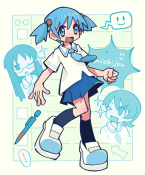 Rule 34 | 3girls, aioi yuuko, arrow (symbol), black socks, blue eyes, blue hair, blue necktie, blue skirt, clenched hand, copyright name, cropped shoulders, four-pointed star, glasses, highres, image in speech bubble, long hair, minakami mai, multiple girls, naganohara mio, necktie, nichijou, one eye closed, paper background, pen, pleated skirt, school uniform, shoes, short hair, short twintails, skirt, socks, tokisadame school uniform, twintails, white shoes, yihe mi