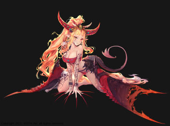 1girl absurdly_long_hair arm_tattoo bare_legs barefoot black_tail black_wings blue_gemstone bone bone_hair_ornament breast_tattoo breasts claws cleavage commentary commentary_request dragon_girl dragon_horns dragon_tail dragon_wings earrings english_commentary ezu_(leejiyu) facial_tattoo full_body gem green_gemstone hair_ornament hands_on_ground headpiece heterochromia high_ponytail highres hoop_earrings horns jewelry king&#039;s_raid kneeling korean_commentary large_breasts leg_tattoo long_hair long_sidelocks mixed-language_commentary multiple_tattoos official_alternate_costume official_art orange_hair panties pointy_ears ponytail purple_gemstone red_eyes red_horns red_nails red_panties red_scales red_tube_top red_wings sidelocks skull solo spiked_wings strapless tail tattoo toe_claws torn_wings tube_top underwear very_long_fingernails very_long_hair wings yanne_(king&#039;s_raid) yellow_eyes yellow_gemstone