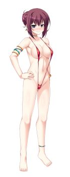 1girl anklet aoi_masami areola_slip armlet asamiya_minami barefoot black_eyes blush bracelet breasts choker covered_erect_nipples earrings full_body game_cg hair_bun hands_on_own_hips highres jewelry large_breasts large_variant_set looking_at_viewer navel non-web_source nose_blush official_art purple_eyes red_hair short_hair slingshot_swimsuit smile solo standing swimsuit transparent_background ts_magical_girl_nao variant_set