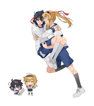 2girls absurdres black_hair blonde_hair blue_shorts blush carrying chinese_commentary commentary grin highres jacket jiguang_haibao kneehighs koishikawa_iko long_hair momijiyama_teru multiple_girls open_clothes open_jacket open_mouth ponytail princess_carry running shirt shoes short_hair shorts shy_(series) simple_background smile socks sportswear teeth white_background white_jacket white_shirt white_shoes yuri
