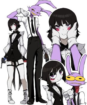 1boy 1girl :i absurdres alternate_costume animal_ears asymmetrical_gloves black_eyeshadow black_hair black_pants black_vest blue_eyes blue_gloves blush_stickers boots c: coattails colored_skin colored_teeth commentary english_commentary eyeshadow frown full_body furry furry_male gloves grin gun half-closed_eyes handgun hands_on_another's_cheeks hands_on_another's_face highres holding holding_gun holding_weapon jax_(the_amazing_digital_circus) kekel lapels long_sleeves looking_at_viewer luger_p08 makeup mismatched_gloves multicolored_eyes multiple_views notched_lapels pants pigeon-toed pomni_(the_amazing_digital_circus) pov pov_hands puffy_sleeves purple_fur rabbit_boy rabbit_ears red_eyes red_gloves shirt simple_background skindentation sleeve_rolled_up smile standing suspenders the_amazing_digital_circus thigh_strap thighs two-tone_eyes v-shaped_eyebrows vest weapon white_background white_boots white_gloves white_shirt white_skin yellow_teeth