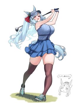 2girls alternate_costume alternate_hairstyle animal_ears aqua_shoes black_thighhighs blue_shirt blue_skirt breasts commentary_request gloves golf_club herohero_(higashi_no_dou) highres holding holding_golf_club horse_ears horse_girl horse_tail huge_breasts layered_skirt looking_up mejiro_ardan_(umamusume) mejiro_ramonu_(umamusume) mole mole_under_eye multiple_girls open_mouth playing_sports plump purple_eyes shirt shoes simple_background single_glove skindentation skirt speech_bubble swinging_golf_club tail thick_thighs thighhighs thighs translation_request twintails umamusume visor_cap white_background white_gloves