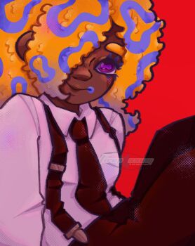 1girl artist_name black_necktie black_pants black_suspenders cephalopod_eyes collared_shirt dark-skinned_female dark_skin firepossum hair_over_one_eye halftone highres knees_up long_sleeves necktie nintendo octoling orange_hair pants patterned_hair purple_eyes red_background shirt simple_background smile solo splatoon_(series) splatoon_3 tao_blu_(splatoon) tentacle_hair white_shirt