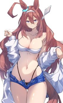 1girl :o absurdres ahoge alternate_costume animal_ears bandeau bare_shoulders black_panties blue_eyes blue_nails breasts brown_hair cleavage collarbone denim denim_shorts ear_ornament hair_between_eyes hairband hand_up highleg highleg_panties highres horse_ears horse_girl horse_tail huge_antenna_hair jacket large_breasts long_hair looking_at_viewer mihono_bourbon_(umamusume) nail_polish navel off_shoulder open_clothes open_shorts panties short_shorts shorts silver_hairband solo stomach tail thigh_gap thighs toned toned_female umamusume underwear very_long_hair white_bandeau white_jacket yuuri_(sinjitu-no-yukue)