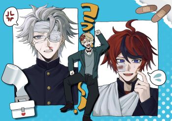 &gt;_&lt; 3boys ahoge alternate_costume alternate_form anger_vein angry aotsuki_eito arm_sling arm_up bandage_on_cheek bandaged_hand bandages bandaid bandaid_on_cheek bandaid_on_face black_jacket black_pants black_shoes black_streaks blonde_hair blood blue_eyes bow bowtie clenched_teeth commentary_request embarrassed eyepatch flying_sweatdrops gakuran glasses green_jacket grey_eyes grey_hair grey_sweater_vest highres injury jacket leg_up looking_down looking_up male_focus medical_eyepatch multicolored_hair multiple_boys nosebleed open_mouth pants red_bow red_bowtie red_hair red_shirt school_uniform shirt shoes short_hair siokonbu100 sirei_(hundred_line) smile spoken_anger_vein spoken_flying_sweatdrops streaked_hair sumino_takumi sweat sweater_vest teeth the_hundred_line_-last_defense_academy- white_shirt