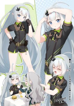 >_< 2girls absurdres adjusting_hair_ornament ahoge black_ribbon black_shirt black_shorts blue_eyes brown_gloves burger chess_piece commentary_request contrapposto extra_pupils fang female_tyrant_(stella_sora) firenze_(stella_sora) flat_chest food fruit gloom_(expression) gloves green_hair green_hairband grey_hair hair_ornament hairband hand_on_own_hip highres iced_tea jewelry key key_necklace king_(chess) lemon lemon_slice long_hair multicolored_hair multiple_girls multiple_views neck_ribbon necklace pointy_ears ribbon shiroba_kamiya shirt shorts sitting standing stella_sora streaked_hair suspender_shorts suspenders sweatdrop table tablecloth translation_request tyrant_(stella_sora) undershirt very_long_hair wavy_hair