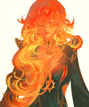 Rule 34 | 1girl, biker clothes, bikesuit, black bodysuit, blonde hair, bodysuit, breasts, closed mouth, commentary, earrings, english commentary, eyeshadow, gem, genshin impact, gradient hair, hair over one eye, half-closed eyes, highres, jewelry, lips, long hair, long sleeves, looking at viewer, makeup, mavuika (genshin impact), medium breasts, multicolored hair, necklace, orange-tinted eyewear, orange gem, orange hair, pearl necklace, red eyes, red hair, simple background, solo, sun earrings, sun ornament, sunglasses, tinted eyewear, upper body, wavy hair, white background, wide sleeves, xelo kitty, yellow-framed eyewear, yellow eyeshadow, zipper