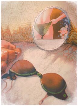 2girls absurdres asimov_(spindle_(aidenr0)) ass black_bra black_eyes blanket border bra character_request closed_mouth commentary couch english_commentary green_panties highres long_pointy_ears looking_at_another mirror mole mole_on_ass mole_on_back multiple_girls multiple_moles original panties pointy_ears reflection smile spindle_(aidenr0) underwear undressing unworn_bra white_border white_hair |_|