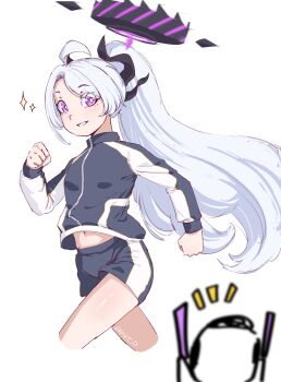 1boy 1girl ahoge black_halo blue_archive blush breasts demon_girl demon_horns doodle_sensei_(blue_archive) gym_uniform halo highres hina_(blue_archive) horns long_hair purple_eyes running sensei_(blue_archive) simple_background small_breasts sweat user_hsxm2275 very_long_hair very_sweaty white_background white_hair
