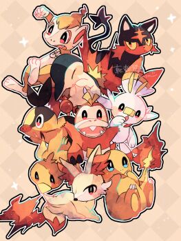 animal_focus artist_name beak bird black_skin blue_eyes cat charmander chibikemo chimchar closed_eyes colored_skin commentary_request crocodilian cyndaquil fennekin fire fox fuecoco gen_1_pokemon gen_2_pokemon gen_3_pokemon gen_4_pokemon gen_5_pokemon gen_6_pokemon gen_7_pokemon gen_8_pokemon hanabusaoekaki highres litten looking_at_viewer monkey nintendo no_humans open_mouth orange_background orange_fur orange_skin patterned_background pig pokemon pokemon_(creature) rabbit red_skin scorbunny snout solid_oval_eyes sparkle tail teeth tepig torchic