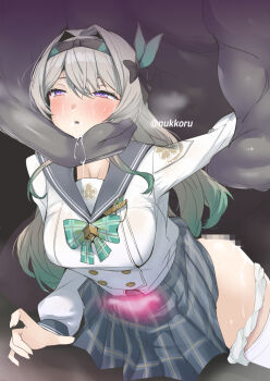 1boy 1girl blush breasts censored cowboy_shot firefly_(honkai:_star_rail) grey_hair grey_skirt honkai:_star_rail honkai_(series) large_breasts mosaic_censoring nukkoru panties panties_around_leg pleated_skirt purple_eyes sex sex_from_behind shirt skirt solo_focus tears thighhighs underwear white_shirt white_thighhighs