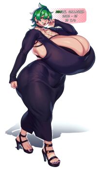 1girl absurdres annabel_(eigaka) black_dress breasts character_name cleavage dress earrings eigaka english_text full_body gigantic_breasts green_hair high_heel_sandals highres jewelry long_dress looking_at_viewer nail_polish original purple_nails red_eyes sandals short_hair simple_background solo toenail_polish toenails white_background