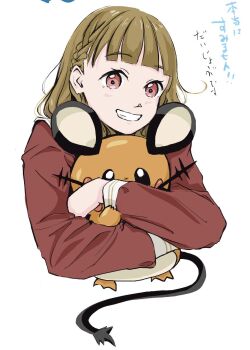 1girl braid brown_dress brown_hair center-flap_bangs commentary crossover dedenne dress gen_6_pokemon grin hasu_no_sora_school_uniform highres hug kachimachi_kosuzu link!_like!_love_live! long_hair long_sleeves looking_at_viewer love_live! mame_orca nintendo pink_eyes pokemon pokemon_(creature) sailor_collar sailor_dress school_uniform side_braids smile translation_request virtual_youtuber white_sailor_collar winter_uniform