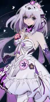 1girl bare_shoulders black_background black_tiara breasts bug butterfly castorice_(honkai:_star_rail) commentary_request cowboy_shot dress elbow_gloves empty_(neyo) flower gloves hair_flower hair_ornament highres honkai:_star_rail honkai_(series) insect long_hair looking_at_viewer parted_lips pointy_ears purple_butterfly purple_eyes purple_flower purple_gloves purple_hair solo standing tiara very_long_hair white_dress