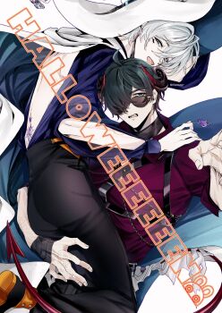 2boys ahoge alternate_costume ass back back_tattoo bangboo_(zenless_zone_zero) belt bite_mark bite_mark_on_arm black_pants candy cape carrying carrying_person chest_harness collar commentary_request curved_horns demon_horns demon_tail english_text facial_tattoo food green_eyes green_hair grey_hair hair_between_eyes hair_over_one_eye half-closed_eyes halloween hand_on_another&#039;s_shoulder harness highres holding holding_candy holding_food holding_lollipop horns lighter_(zenless_zone_zero) lollipop looking_at_viewer looking_over_eyewear male_focus multiple_boys open_mouth orange_shoes pants purple_shirt red_shirt red_tail sharp_tail shirt shoes short_hair simple_background sunglasses tail tattoo twitter_username ui0102405 white_background white_cape wise_(zenless_zone_zero) wristband yaoi zenless_zone_zero