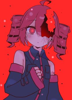 1girl absurdres ahoge bare_shoulders black_shirt black_sleeves collared_shirt cracked_skin crying crying_with_eyes_open detached_sleeves drill_hair glowing_pupils hair_between_eyes halftone hand_up highres hole_in_head kasane_teto kasane_teto_(utau) looking_at_viewer marshmallow_(vocaloid) parted_lips red_background red_eyes red_hair rirurima25 shirt sleeveless sleeveless_shirt solo tears twin_drills upper_body utau