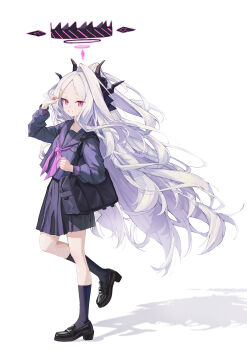 1girl absurdres ahoge black_halo black_skirt blue_archive blush breasts commentary_request demon_girl demon_horns full_body halo highres hina_(blue_archive) horns lansemiao long_hair looking_at_viewer purple_eyes school_uniform simple_background skirt small_breasts solo standing very_long_hair white_background white_hair
