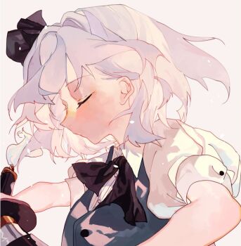 1girl black_bow black_bowtie bow bowtie closed_eyes closed_mouth commentary_request drawing_sword expressionless grey_vest holding holding_sword holding_weapon katana konpaku_youmu puffy_short_sleeves puffy_sleeves shinjitsu_no_kuchi shirt short_hair short_sleeves simple_background solo sword touhou upper_body vest weapon white_background white_hair white_shirt