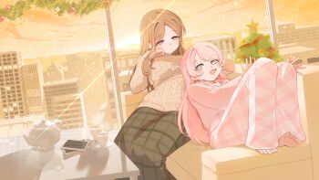 2girls absurdres bang_dream! bang_dream!_it's_mygo!!!!! barefoot blush brown_hair brown_skirt brown_sweater cellphone cheek_pull chihaya_anon commentary cup eltir fang grey_eyes highres indoors jacket long_hair long_sleeves multiple_girls nagasaki_soyo open_mouth pajamas pants phone pink_jacket pink_pants sidelocks skin_fang skirt smartphone snow sweater symbol-only_commentary