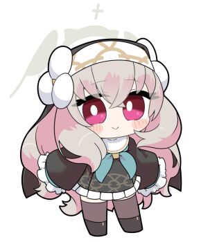 Rule 34 | 1girl, :>, black boots, black dress, blue archive, blush stickers, boots, brown hair, brown thighhighs, chibi, closed mouth, commentary request, dress, frilled dress, frills, full body, hair between eyes, halo, long hair, long sleeves, looking at viewer, miranofuudoria, nun, puffy long sleeves, puffy sleeves, purple eyes, sakurako (blue archive), simple background, sleeves past fingers, sleeves past wrists, solo, standing, thighhighs, thighhighs under boots, veil, very long hair, white background