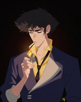 Rule 34 | 1boy, adversarial noise, alt text, artist name, black background, black hair, black necktie, cigarette, collarbone, collared shirt, commentary, cowboy bebop, english commentary, galmesh rosewood, highres, holding, holding lighter, lighter, lighting cigarette, male focus, mouth hold, necktie, shirt, short hair, simple background, smile, smoking, spike spiegel, yellow shirt