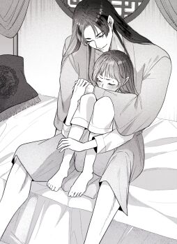 1boy 1girl absurdres barefoot blush commentary_request couple feet_out_of_frame furrowed_brow greyscale hetero highres holding_hands hug hug_from_behind hugging_own_legs jinshi_(kusuriya_no_hitorigoto) kusuriya_no_hitorigoto long_hair maomao_(kusuriya_no_hitorigoto) monochrome on_bed parted_bangs pillow sitting sweatdrop thubu_0822