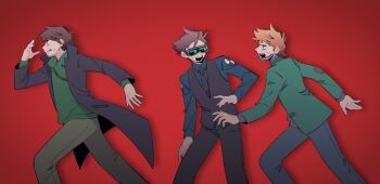 3boys antenna_hair black_coat black_eyes black_mouth black_necktie black_pants black_vest brown_pants chromatic_aberration clenched_teeth coat collared_shirt commentary_request denim drawstring edd_(eddsworld) eddsworld facial_hair feet_out_of_frame future_edd_(eddsworld) future_matt_(eddsworld) future_tom_(eddsworld) green_eyes green_hoodie green_jacket grey_pants hair_behind_ear hair_slicked_back hand_up heads-up_display highres hood hood_down hoodie jacket jeans layered_sleeves long_sleeves looking_ahead looking_at_another looking_back male_focus matt_(eddsworld) mjsc_10 multiple_boys necktie open_clothes open_coat open_jacket open_mouth pants profile purple_sweater red_background ribbed_sweater running shirt short_hair simple_background sweatdrop sweater teeth tom_(eddsworld) turtleneck turtleneck_sweater user_interface v-shaped_eyebrows very_short_hair vest vignetting