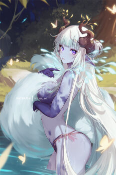 1girl breasts bug butterfly closed_mouth colored_extremities colored_skin from_side grass grey_skin insect lips long_hair looking_at_viewer mitsu_(mitsu_art) original patreon_username pointy_ears purple_eyes rock slit_pupils solo tail tree wading water wet white_hair