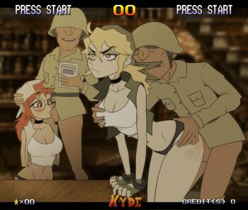 2boys 2girls animated animated_gif annoyed arms_behind_back backwards_hat bare_arms bare_shoulders baseball_cap black_choker black_panties blonde_hair blush bored bottomless breasts choker cleavage combat_helmet crop_top cuffs curvy emotionless_sex fake_screenshot fellatio fingerless_gloves fio_germi game_boy game_boy_(original) glasses gloves grabbing_another's_breast grabbing_from_behind groping handcuffs handheld_game_console hat helmet kasamoto_eri kyde legs_together medium_breasts metal_slug midriff mole mole_under_eye multiple_boys multiple_girls oral panties penis rape red_hair round_eyewear sex sex_from_behind soldier spanked uncensored underwear uniform vest video_game