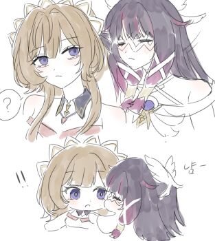 Rule 34 | !, !!, 2girls, :3, ?, bare shoulders, black collar, black hair, blue eyes, bonnet, brown hair, closed eyes, closed mouth, collar, columbina (genshin impact), commentary, detached collar, detached sleeves, dress, eye mask, genshin impact, hair ornament, hair ribbon, hashtag-only commentary, head wings, headdress, highres, kiss, long hair, long sidelocks, mask, multicolored hair, multiple girls, multiple wings, open mouth, purple hair, purple streaks, ribbon, roheun 1414, sandrone (genshin impact), see-through clothes, see-through mask, short hair, short hair with long locks, sidelocks, simple background, smile, spoken question mark, streaked hair, surprise kiss, surprised, two-tone hair, untranslatable commentary, white background, white dress, white headdress, white mask, white wings, wing hair ornament, wings, x-shaped eyewear, yuri