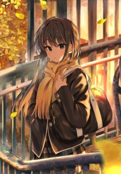 1girl ahoge autumn autumn_leaves bag black_bag black_hair black_jacket blue_eyes buttons commentary cowboy_shot ginkgo_leaf hair_ribbon hand_in_pocket highres holding holding_bag huge_ahoge jacket leaf long_hair multiple_hair_ribbons pleated_skirt ponkan_8 railing red_ribbon ribbon scarf school_bag school_uniform shoulder_bag shoulder_strap skirt symbol-only_commentary tree yahari_ore_no_seishun_lovecome_wa_machigatteiru. yellow_scarf yukinoshita_yukino zipper zipper_pull_tab