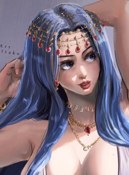 1girl arms_behind_head blue_eyes blue_hair breasts cleavage commentary english_commentary eyelashes eyeshadow gem jewelry long_hair looking_to_the_side makeup mole necklace nefertari_vivi one_piece open_mouth smile solo stupidtako