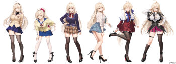 Rule 34 | 1girl, absurdres, ahoge, aiba asagi, aiba asagi (cosplay), aqua necktie, aqua skirt, ass, black bow, black bowtie, black footwear, black hairband, black pantyhose, black socks, black thighhighs, blazer, blonde hair, blue bow, blue jacket, blue sailor collar, blue skirt, bow, bowtie, breasts, brown skirt, capelet, cellphone, clannad, collared shirt, commentary request, cosplay, dress, earrings, emblem, frilled skirt, frills, green eyes, hair bow, hair ornament, hair scrunchie, hairband, hairclip, high heels, high school dxd, highres, hikarizaka private high school uniform, holding, holding phone, jacket, jewelry, kanon, kawasumi mai, kawasumi mai (cosplay), kitagawa marin, kitagawa marin (cosplay), large breasts, leaning forward, long hair, long sleeves, looking at viewer, low ponytail, miniskirt, missouri (warship girls r), nakiri erina, nakiri erina (cosplay), neck ribbon, necktie, one eye closed, pantyhose, patent heels, phone, pink skirt, plaid clothes, plaid skirt, pleated skirt, ponytail, pumps, red dress, red ribbon, red scrunchie, rias gremory, rias gremory (cosplay), ribbon, sailor collar, sakagami tomoyo, sakagami tomoyo (cosplay), school uniform, scrunchie, shirt, shoes, shokugeki no souma, short dress, single sock, single thighhigh, skirt, smartphone, smile, socks, sono bisque doll wa koi wo suru, star (symbol), star earrings, stiletto heels, strike the blood, striped bow, striped bowtie, striped clothes, thigh strap, thighhighs, tongue, tongue out, tootsuki saryou ryouri gakuen uniform, very long hair, warship girls r, white capelet, white shirt, wrist scrunchie, xnnagu, zettai ryouiki