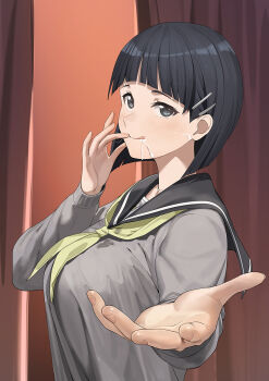 1girl a1_(initial-g) after_fellatio black_eyes black_hair black_sailor_collar blunt_bangs bob_cut breasts commentary_request cum cum_in_mouth grey_shirt hair_ornament hairclip highres indoors kirigaya_suguha large_breasts licking_lips looking_at_viewer neckerchief reaching reaching_towards_viewer sailor_collar school_uniform serafuku shirt short_hair solo sword_art_online tongue tongue_out yellow_neckerchief