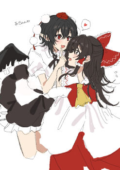Rule 34 | 2girls, ascot, bird wings, black hair, black wings, blush, bow, brown eyes, brown hair, commentary request, detached sleeves, frilled bow, frilled hair tubes, frilled skirt, frills, hair bow, hair tubes, hakurei reimu, hat, heart, highres, jyazo pic, long hair, multiple girls, open mouth, pointy ears, pom pom (clothes), puffy short sleeves, puffy sleeves, red bow, red eyes, red hat, red skirt, shameimaru aya, shirt, short hair, short sleeves, simple background, skirt, skirt set, smile, spoken heart, tokin hat, touhou, translation request, white shirt, wings, yellow ascot, yuri