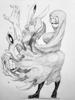 1girl absurdres ass boots breasts chronozbergh closed_eyes closed_mouth commentary double_(skullgirls) english_commentary extra_arms full_body graphite_(medium) greyscale highres large_breasts monochrome monster monster_girl nun skullgirls solo standing tentacles traditional_media