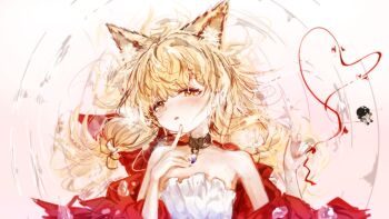 1girl absurdres animal_ear_fluff animal_ears arknights arknights:_endfield black_choker blonde_hair chinese_commentary choker cloak commentary finger_to_own_chin flat_chest fox_ears fox_girl highres l5mon_meng long_hair looking_at_viewer red_cloak rossi_(arknights) solo yellow_eyes