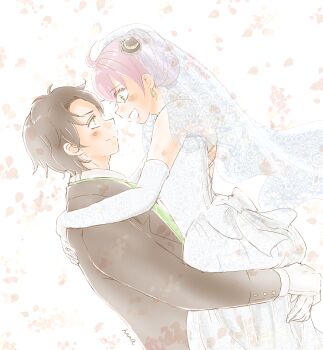 1boy 1girl aged_up anya_(spy_x_family) black_hair black_jacket bow bridal_veil commentary_request damian_desmond dress earrings elbow_gloves gloves green_eyes hair_bow hana_(hanauta1110) hetero highres husband_and_wife jacket jewelry pink_hair signature smile spy_x_family tuxedo veil white_dress white_gloves