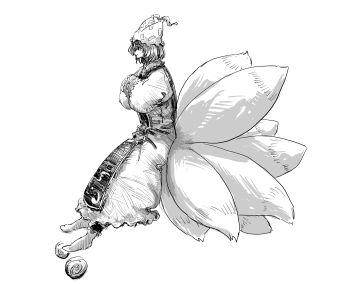 Rule 34 | 1girl, animal hat, closed mouth, commentary, dress, fox tail, full body, greyscale, hands in opposite sleeves, hat, highres, mob cap, monochrome, multiple tails, short hair, smile, socks, solo, super-flat-world, tabard, tail, touhou, yakumo ran