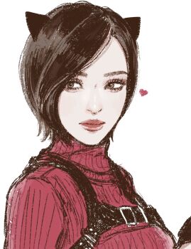 1girl ada_wong animal_ears black_hair breasts cat_ears cat_girl chest_harness dress grey_eyes harness highres illust2222 kemonomimi_mode medium_breasts pale_skin red_dress red_lips resident_evil resident_evil_4 resident_evil_4_(remake) short_hair solo sweater sweater_dress swept_bangs turtleneck turtleneck_dress turtleneck_sweater upper_body white_background