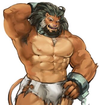 1boy abs animal_ears armpits arms_behind_head arsalan_(housamo) bara beard brown_fur bulge chest_tuft cowboy_shot cuffs dopey_(dopq) facial_hair fingernails full_beard furry furry_male handcuffs large_pectorals lion_boy lion_ears looking_at_viewer male_focus mature_male muscular muscular_male nipples paid_reward_available pectorals sharp_fingernails short_hair solo standing strongman_waist thick_beard thick_eyebrows tokyo_houkago_summoners topless_male torn_underwear