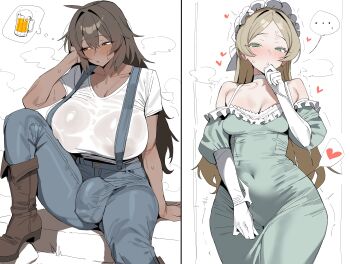 Rule 34 | ..., 2girls, bare shoulders, blue pants, boots, breasts, brown boots, brown eyes, brown hair, bulge, commentary request, covered navel, dark-skinned female, dark skin, dress, elbow gloves, futa with female, futanari, gloves, green dress, green eyes, hair between eyes, hat, highres, huge breasts, long hair, multiple girls, original, pants, shirt, short sleeves, sitting, small breasts, spoken ellipsis, white gloves, white hat, white shirt, xipa