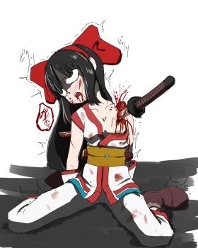 1girl ainu_clothes arm_support black_hair bleeding blood blood_on_clothes breasts breasts_out defeat dying grey_eyes guro hair_ribbon highres injury large_breasts legs long_hair nakoruru nipples open_mouth pants ribbon rolling_eyes samurai_spirits shaded_face sitting small_breasts snk solo stab sword teeth the_king_of_fighters thighs tongue trembling weapon