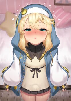 1boy androgyne_symbol black_gloves black_skirt blonde_hair blush bridget_(guilty_gear) bule fingerless_gloves gloves guilty_gear guilty_gear_strive half-closed_eyes heart heart-shaped_pillow highres hood hood_up hooded_jacket jacket long_hair long_sleeves looking_at_viewer male_focus pillow pleated_skirt puffy_long_sleeves puffy_sleeves skirt solo star-shaped_pillow trap yapo_(croquis_side)