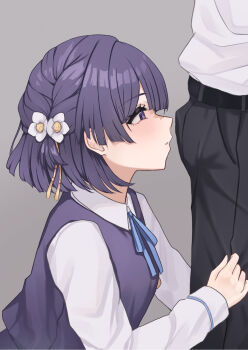 1boy 1girl black_pants blue_ribbon blue_skirt blue_vest blush braid bulge commentary_request erection erection_under_clothes flower gakuen_idolmaster hair_flower hair_ornament hataya_misuzu hatsuboshi_gakuen_school_uniform highres idolmaster imminent_fellatio long_sleeves looking_at_penis namagaki_namero neck_ribbon pants profile purple_hair ribbon school_uniform shirt short_hair simple_background skirt smelling smelling_penis vest white_shirt