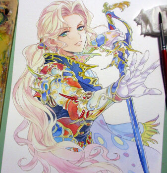 Rule 34 | 1girl, agahari, androgynous, art brush, art tools in frame, ascot, blonde hair, blue eyes, commentary request, crossdressing, crossdressing (ftm), earrings, faris scherwiz, final fantasy, final fantasy v, gloves, gold trim, green eyes, holding, holding sword, holding weapon, jacket, jewelry, long hair, low ponytail, ornate clothes, paintbrush, painting (medium), parted lips, photo (medium), ponytail, rapier, reverse trap, smile, solo, sword, traditional media, upper body, very long hair, weapon, white ascot, white gloves